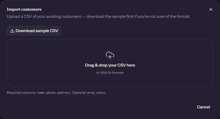 The Import customers dialog, with a Download sample CSV button and a drag-and-drop area for uploading a CSV file