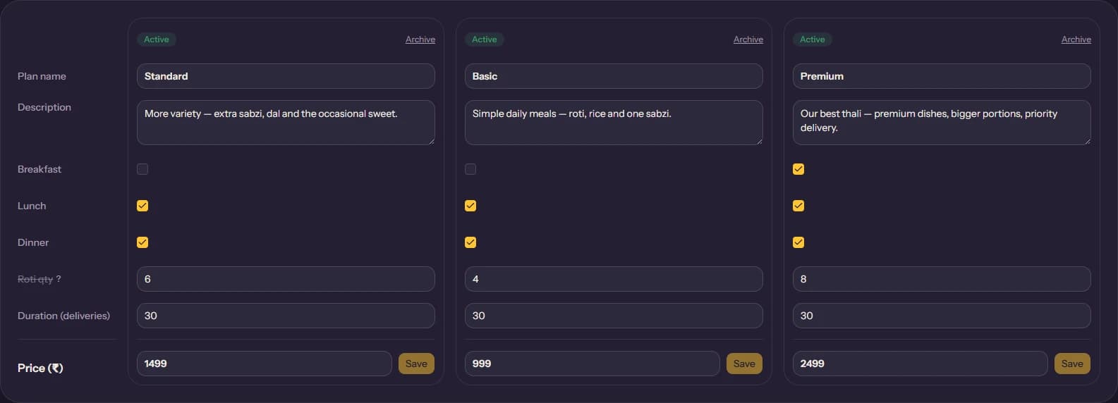 The Plans page, showing a side-by-side comparison table of plan pricing, meal times, duration, and price