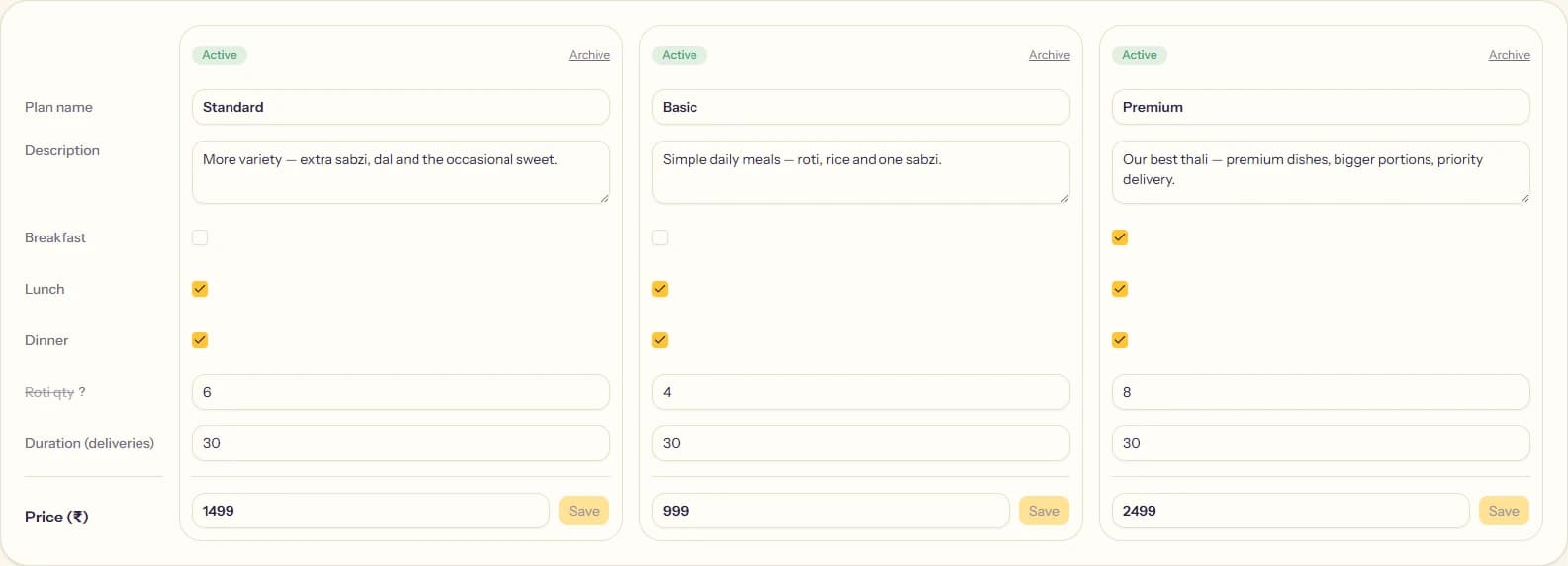 The Plans page, showing a side-by-side comparison table of plan pricing, meal times, duration, and price