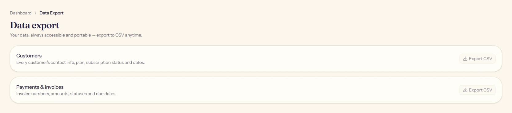 The Data Export page, showing two export cards: Customers, and Payments and invoices, each with an Export CSV button
