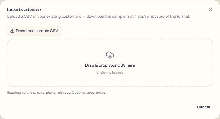 The Import customers dialog, with a Download sample CSV button and a drag-and-drop area for uploading a CSV file