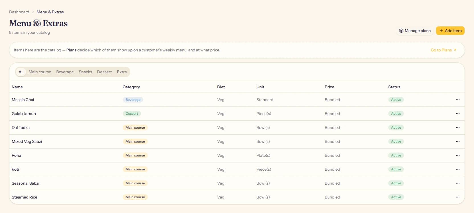 The Menu and Extras catalog page, listing menu items with their category, diet, unit, price, and status